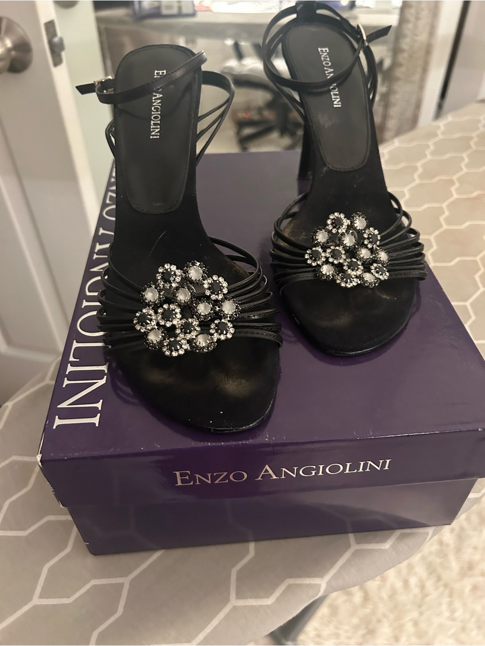 Enzo Angiolini Black Crystal Floral-Strap Heels